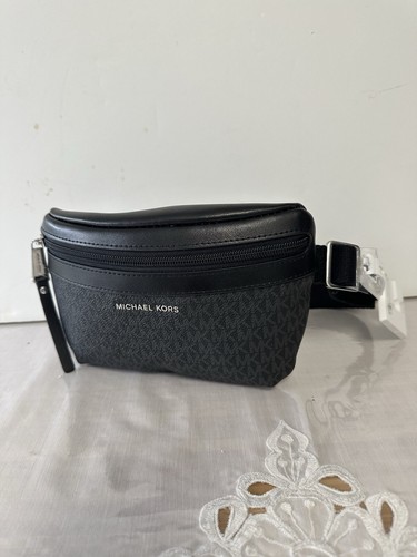 MICHAEL KORS SIGNATURE FANNY PACK BELT BAG BLACK LOGO /SILVER - Picture 2 of 19