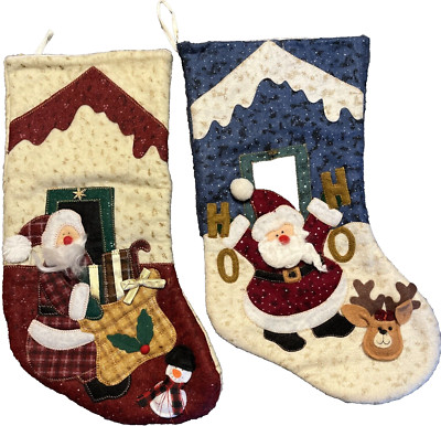Stockings Santa Embroidered & Applique 17''  Set of Two Vintage