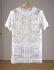 Chanel CC Logo Size FR40 White Lace Cotton Tweed Sleeve Mini Dress