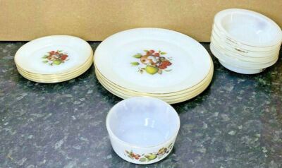 Schöne Vintage Phoenix Opalware Herbst Obst gemustert Goldrand Essgruppe