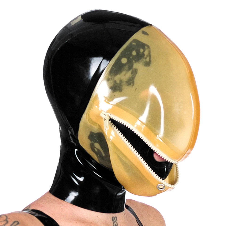 Capucha de látex con protector facial máscara cubierta cremallera trasera fiesta club uso disfraz BDSM Foto 3 de 4
