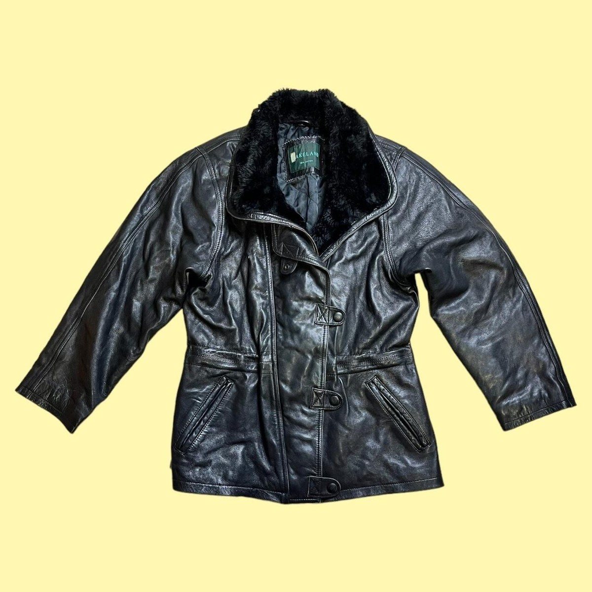 Vintage 80's 90's y2k Leather Jacket Black S 8 10 Fur Collar Coat