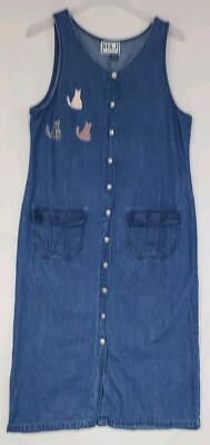 Vtg H&J Fashions Women s Denim Jean Button Front Cat Jumper Dress Sz L   (ZC)