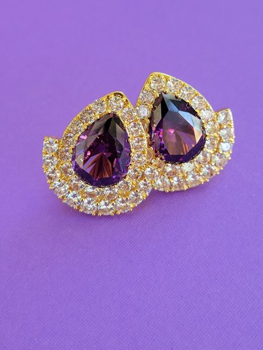 Ciner Necklace Earrings Set Purple Amethyst in Gold Drop Princess Old Hollywood - Picture 7 of 8