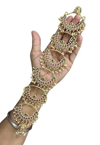 Gold Plated Handcrafted Kundan Bridal Wedding Hair Braid Choti Jewelry Set Newe - Picture 6 of 24