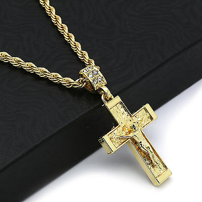 Details about   14k Gold Finish Cross Religious Hip Hop Simulated Diamond Pendant w/ Rope Chain