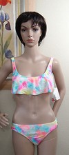 NWT THE BIKINI LAB multi dye splatter strap ruffle swim top tab side bottom,M,L