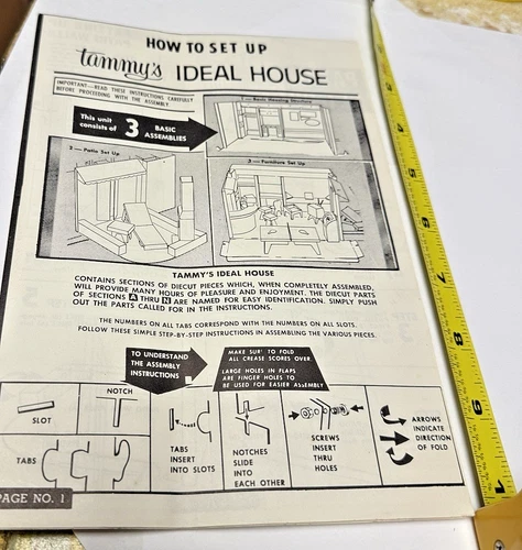 VINTAGE HTF  IDEAL TAMMY TOY DOLL HOUSE CARDBOARD ASSEMBLY INSTRUCTIONS ONLY