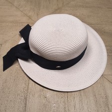 Women's Scala Sun Hat White Woven Paper Black Ribbon OSFA Handmade