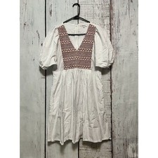 Madewell Poplin Embroidered Smocked V-Neck Pockets White Mini Dress Size Small