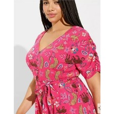 Torrid Pink Leopard Floral Midi Dress Size 0X Button Front Pockets Cottagecore