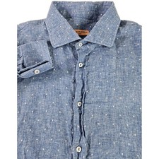 Saryan  s Arthur Linen Blend Dress Shirt Men L Blue Embroidered Dot Button Italy