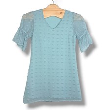 B Swiss Dot Mini Dress S Light Blue Flutter Sleeve V-Neck Shift Dress