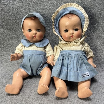 Vintage Effanbee Babyette Twin Dolls Boy Girl Composition Molded Hair 8 