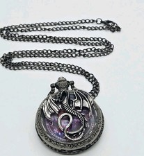 Dragon Themed Metal Pocket Necklace Watch Dark Silver tone New Battery Working