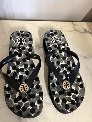 Tory Burch Geometric Flip Flop Thong Sandals 5.5 Wedge Platform Black White