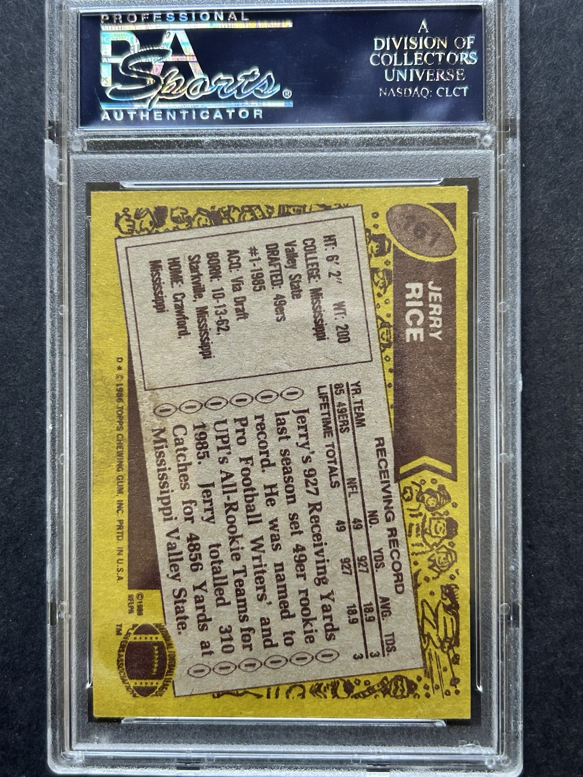 Jerry Rice San Francisco 49ers 1986 Topps #161 PSA/DNA 10 Gem Mint Autograph view 4