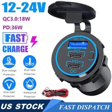 12-24V 3 Port Fast Car Charger PD  QC3.0 USB C Outlet Socket for RV Marine Boat