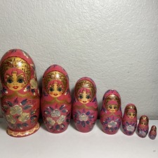 Vintage 7pc Hand Painted Russian Matryoshka Nesting Doll Set Signed Pink 1992 E1