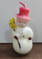 VINTAGE CHRISTMAS Candle SNOWMAN WITH BROOM Red Hat Z5