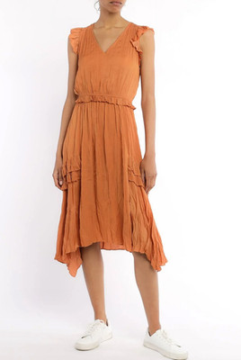 Current Air Los Angeles Midi Dress Orange Size Med Ruffles Asymmetrical Hem NWOT