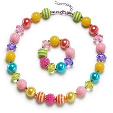 Rainbow Girls Chunky Bubblegum Necklace and Bracelet Set Girls' Birthday Day Gif