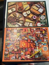 Two Cobble Hill 1000 Piece Jigsaw Puzzles w/Posters Cheese (Complete) & Fire