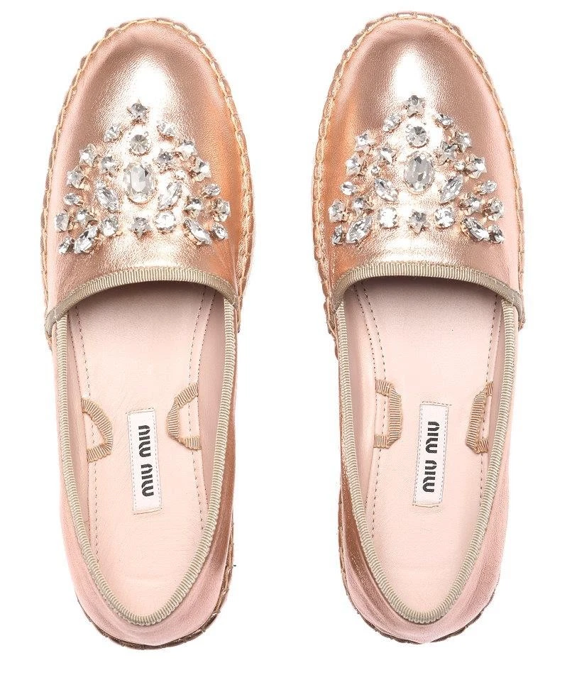 NEW MIU MIU PRADA COPPER LEATHER CRYSTALS ESPADRILLES LACE PLATFORM SHOES 40/10 - Image 4 of 4