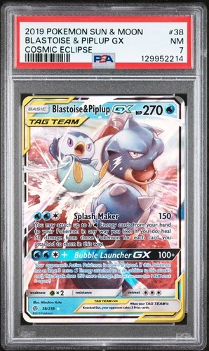 2019 POKEMON SUN & MOON COSMIC ECLIPSE #38 BLASTOISE & PIPLUP GX PSA 7