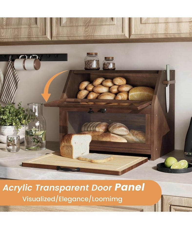 2 Tier Wooden Bread Bin Counter Top Storage Box Clear Windows & Cutting ...