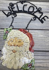 Vtg Christmas Decoration Santa Claus Welcomes Sign Metal W/ Chains 10.5