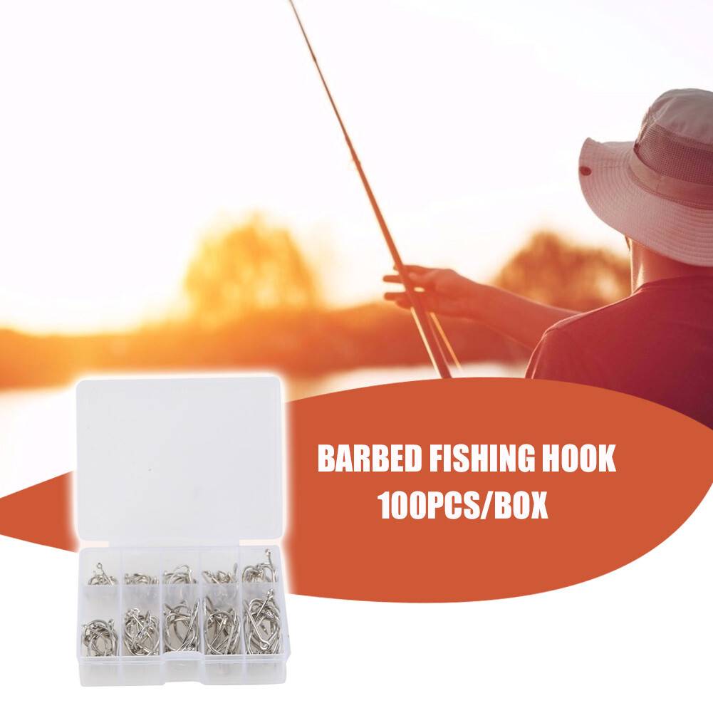 100pcs/box High Carbon Steel Barbed Fishing Hooks with Hole Set (Silver