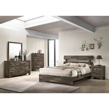 Rustic Brown Finish King Size 5Pc Platform Bed Set Wooden Bedroom Furniture