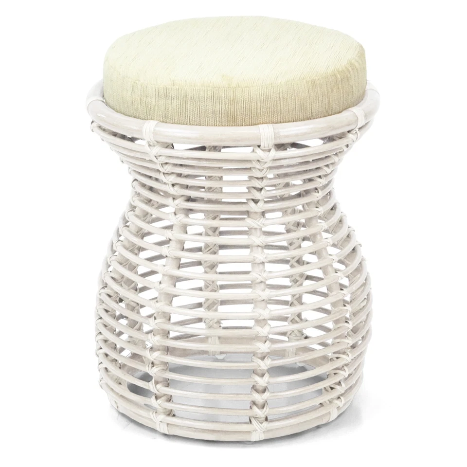 Milan Handmade Natural Rattan Wicker Ottoman Stool Vanity Bedroom, White - Image 3 of 4