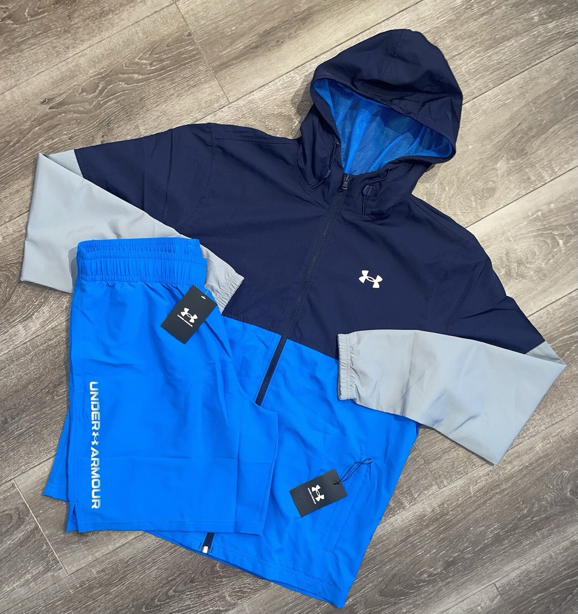 Under Armour Navy Blue Grey Blue Windrunner Jacket Shorts Set BNWT Large L