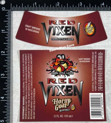 Horny Goat Red Vixen Beer Label with neck - WISCONSIN