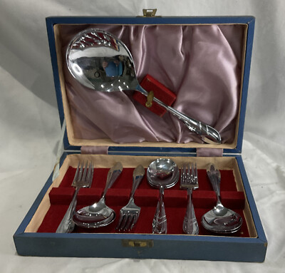 VINTAGE RETRO PINRO VERCHROMT OBST SET BESTECK GABEL LÖFFEL SERVIERKASTEN BOX