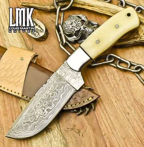 LMK Custom Skinner Knife Rain Drop Damascus Bone Steel Guard EDC Razor Sharp