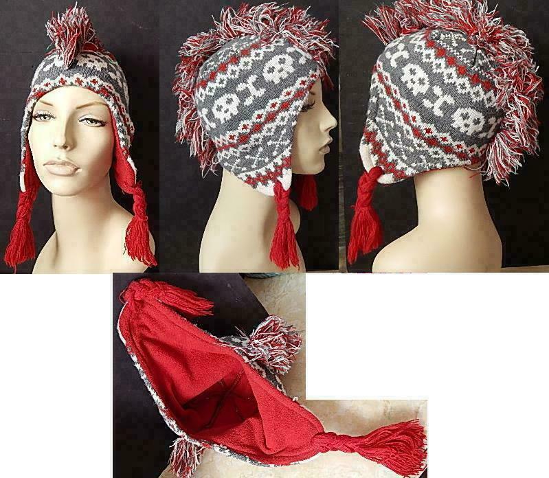 Mohawk Knit Skulls Cap Hat Burgundy Grey Cream Adult X-Small / Teen Youth