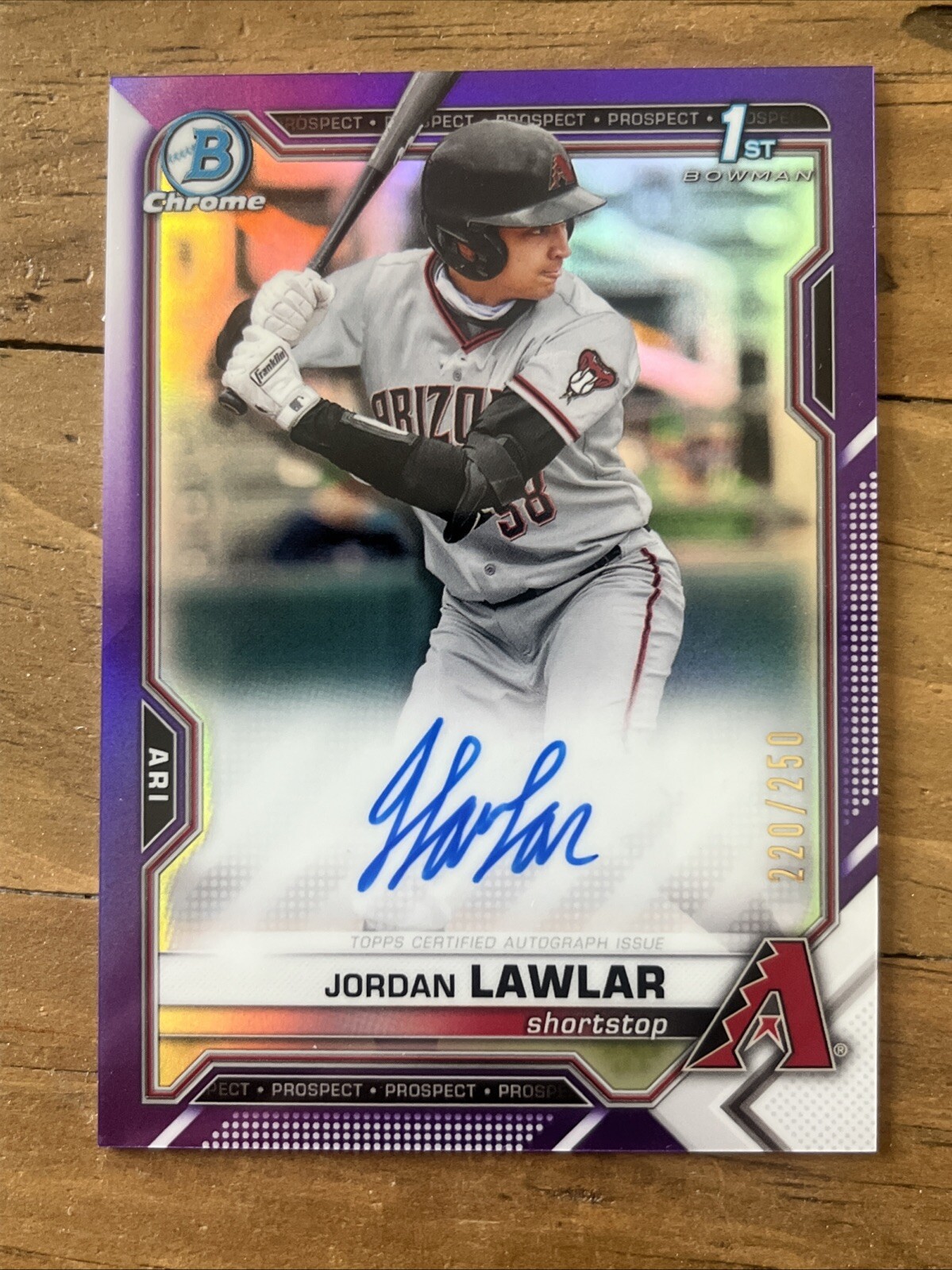 Jordan Lawlar 2021 Bowman Chrome Purple Refractor Auto /250 Rookie Card #CDA-JLA