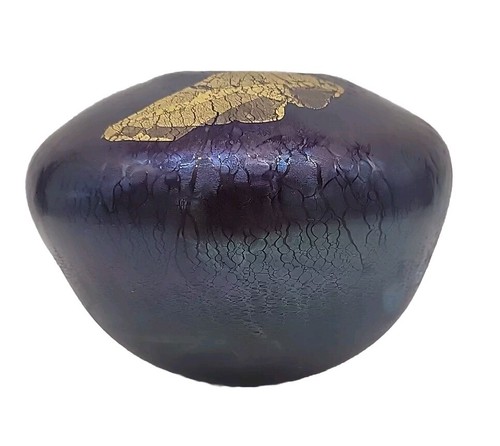 ROBERT EICKHOLT ART GLASS BLUE AURENE OVOID STRETCHED GLASS GOLD FOIL 6.5" X 7" - Picture 6 of 7