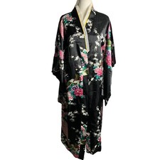 Satin Peacock Full Length Robe Womens L Black Floral Kimono Sleeve White Collar