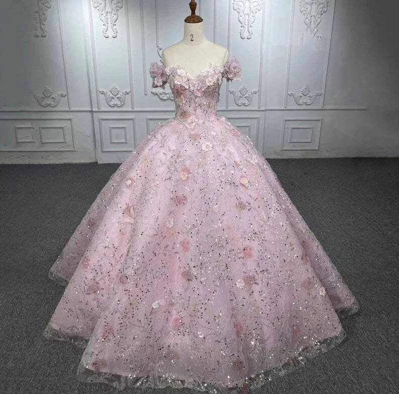 Pink Princess Quinceanera Dress Off Shoulder Pearl Sequins 3D Flower Ball  Gown | eBay