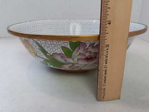 Vintage Antique Chinese Cloisonne 10" Enamel & Brass Floral Butterfly Motif Bowl - Picture 9 of 10