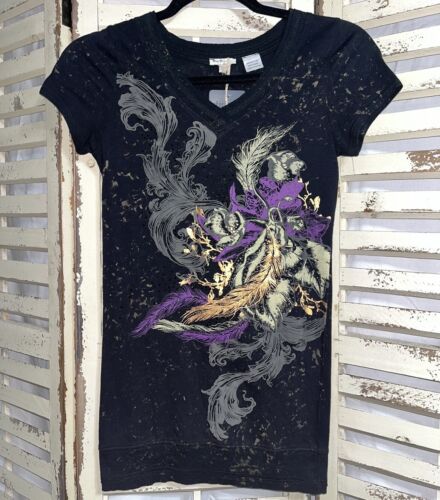 NWT~Miss Me~Girls~T-shirt~Black~Banded~V Neck~Raw Edge~Rhinestone/Stud~SS~XL - Picture 2 of 7