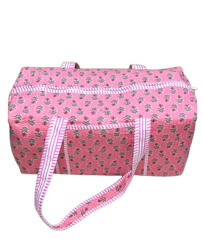 Multi Pink Floral Printed Cotton Duffle Bags Quilted Weekender Overnight Bags - Picture 7 of 25