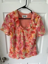 Danny & Nicole Chiffon Peach Pink Floral ruffles V-neck Lined Size 12 Vintage