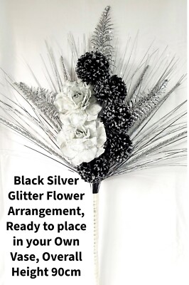 90 cm HANDGEFERTIGTES KÜNSTLICHES SEIDENARRANGEMENT SCHWARZ SILBER GLITZER BLUMENSTRAUSS
