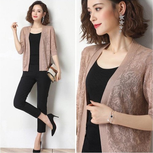 Women Faux Silk Knitted Cardigan Cutout Thin Short Sweater Shawl 3/4 Sleeve - Picture 9 of 15