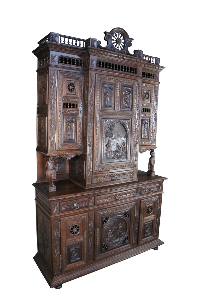 Старинный французский бретонский фигурный резной каштановый буфетный сервант клатч - Изображение 3 из 4